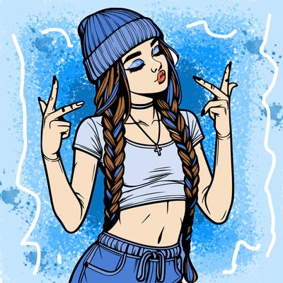 realistic teenage girl with braids and a beanie and crop top doing 🫶🏼