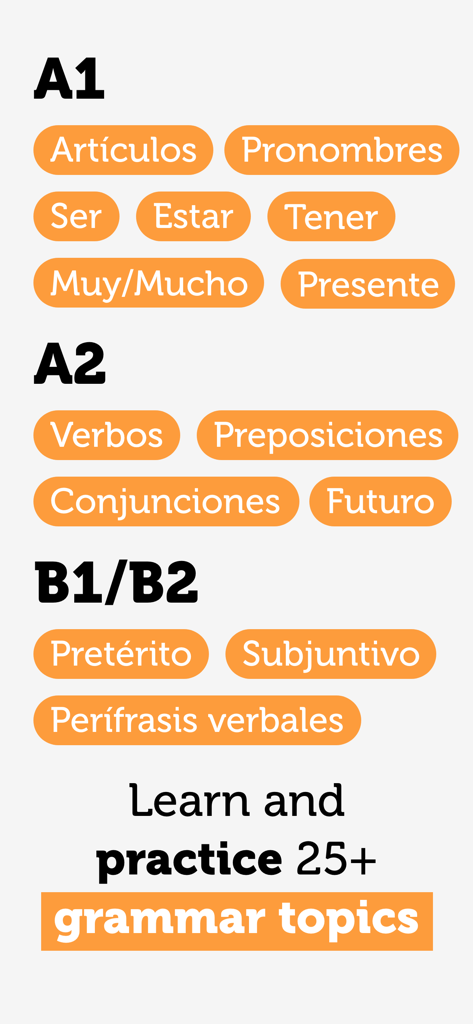 Spanish Grammar: Gramático - A list of Spanish grammar topics organized by CEFR levels from A1 to B2 including verbs articles and pronouns