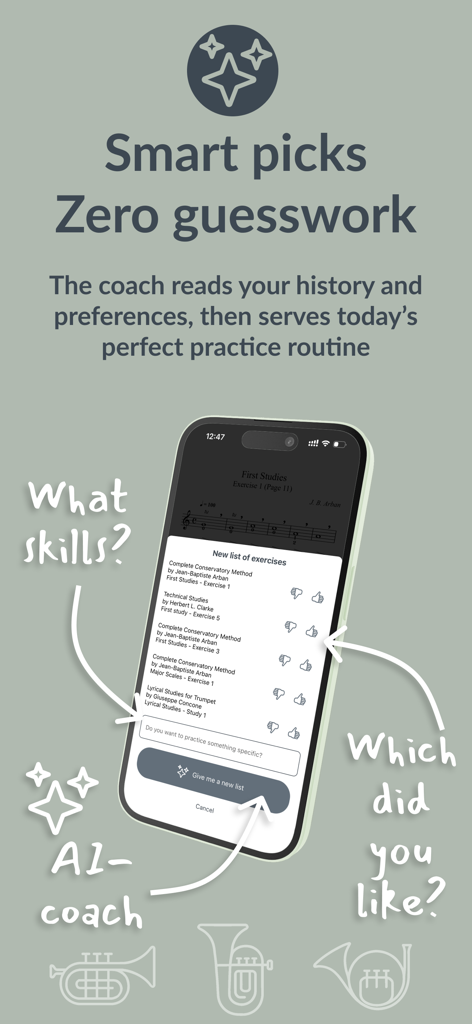 Interface do aplicativo Neotones exibindo o recurso AI Coach Smart Picks para rotinas personalizadas de prática de música de metais.