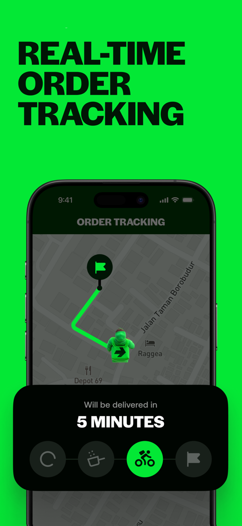 SAMUフードデリバリーアプリのリアルタイム注文追跡画面、地図と5分間の推定配達時間を表示