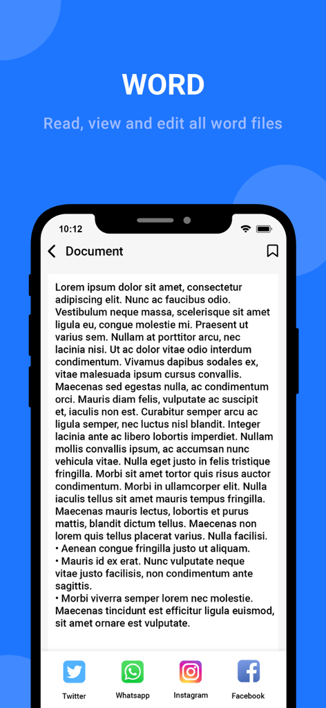 Mobile interface of All Document Reader app showing a word document with social media sharing options