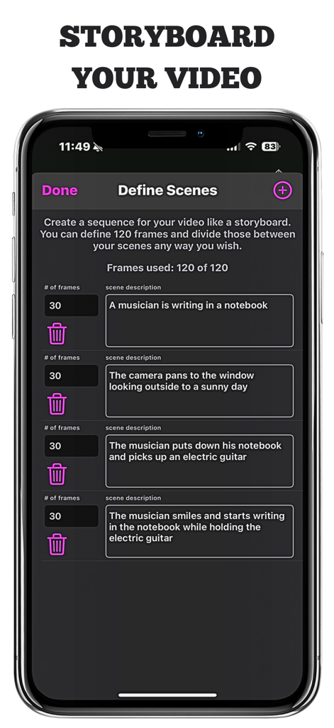 AI Music Video Generator MAIVE - A screen in the MAIVE app for defining scenes and storyboarding an AI music video with text prompts and frame counts.