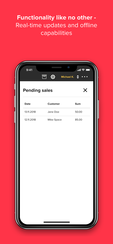 Point of Sale (POS) - Erply Point of Sale app screen showing a list of pending transactions with customer names and total sums.