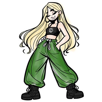 girl in baggy pants crop top and long hair