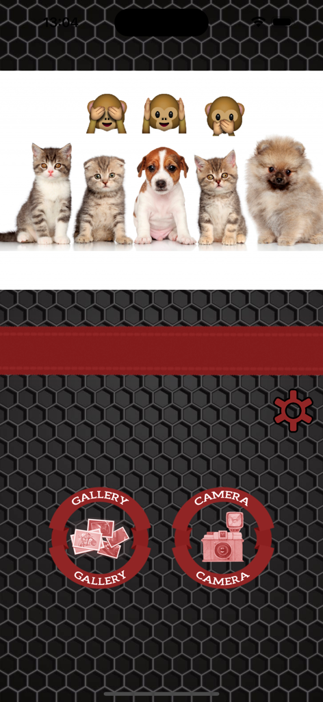 Emoji stickers to photos - Home screen of the Emoji stickers to photos app featuring gallery and camera selection buttons with a cute pet and emoji banner.