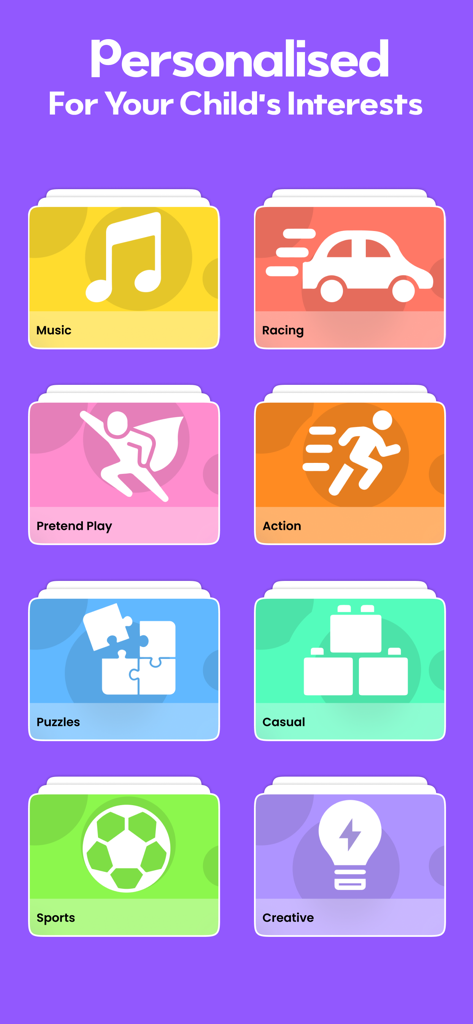 SKIDOS Learning Games for Kids - Pantalla de la aplicación que muestra categorías de juegos personalizadas para niños, incluyendo carreras de música, rompecabezas y deportes
