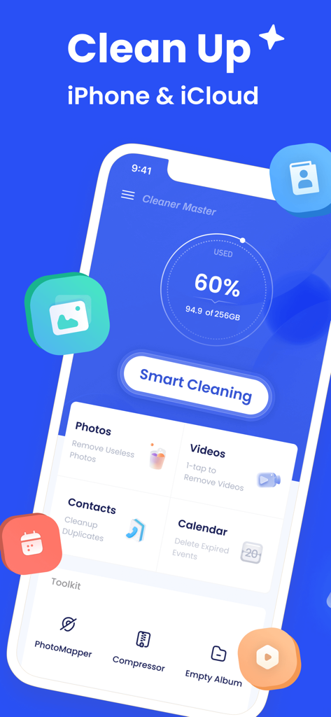 Clean Master: Clean Storage - Interfaz de la aplicación Clean Master que muestra el botón de limpieza inteligente y el panel de uso de almacenamiento para iPhone e iCloud