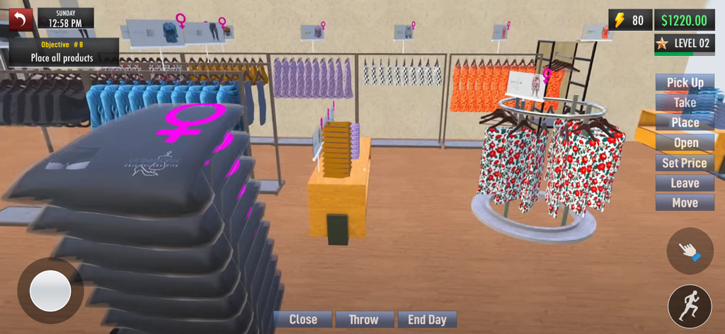 Clothing Store 3D Simulator - Interior view of a clothing store management game showing 3D racks of clothes and shop interface.