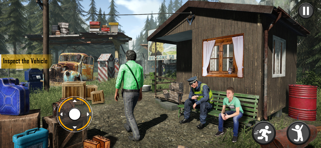 Border patrol officer character at a rural checkpoint station in a simulation game.