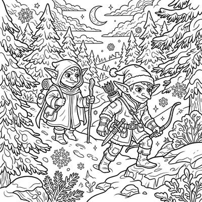 Join two adventurous Goblin Scouts as they traverse a magical, snow-covered forest under the watchful eye of a crescent moon. This enchanting scene is filled with intricate details, from frosted pine trees to delicate snowflakes, ready for your creative touch.