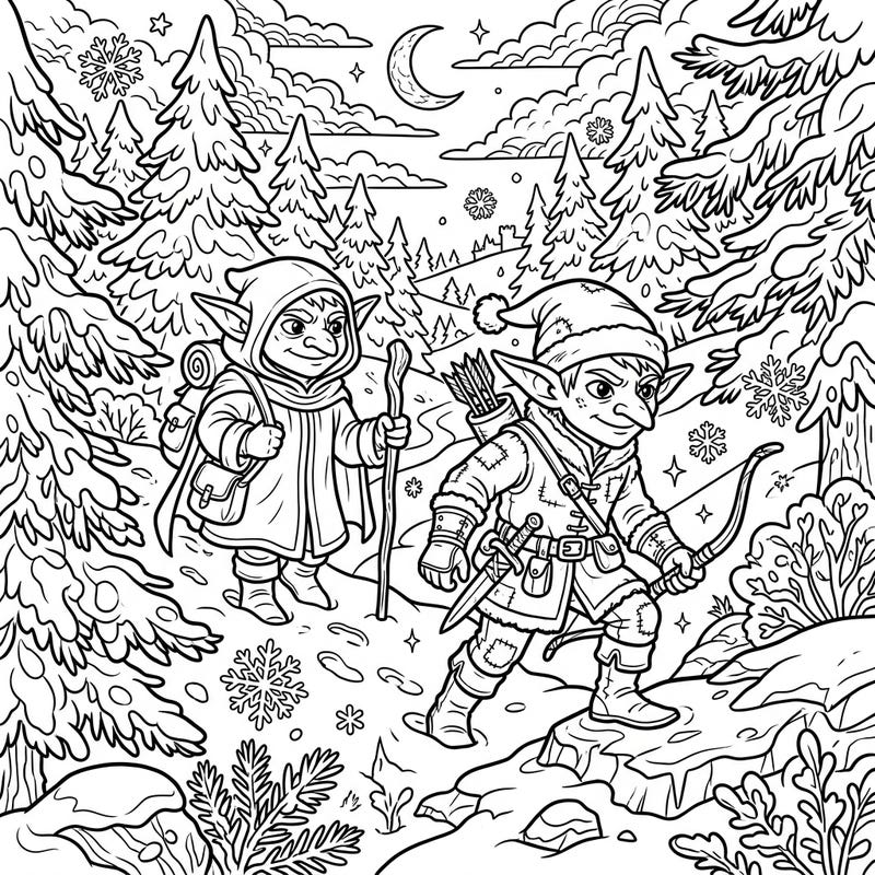 Join two adventurous Goblin Scouts as they traverse a magical, snow-covered forest under the watchful eye of a crescent moon. This enchanting scene is filled with intricate details, from frosted pine trees to delicate snowflakes, ready for your creative touch.