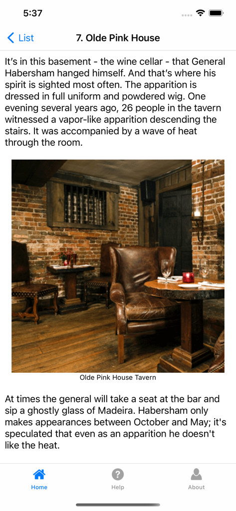 Ghosts of Savannah - Screenshot dell'app Ghosts of Savannah che mostra storie di fantasmi storici e un'immagine della Olde Pink House Tavern.