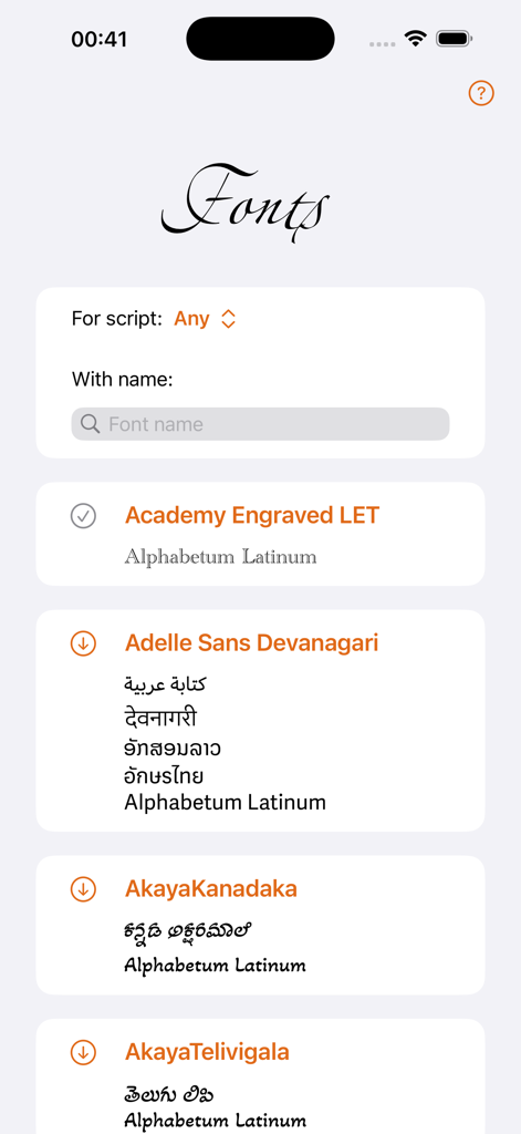 Font Orchard - Font Orchard app interface showing a list of available fonts with script support previews for multiple languages