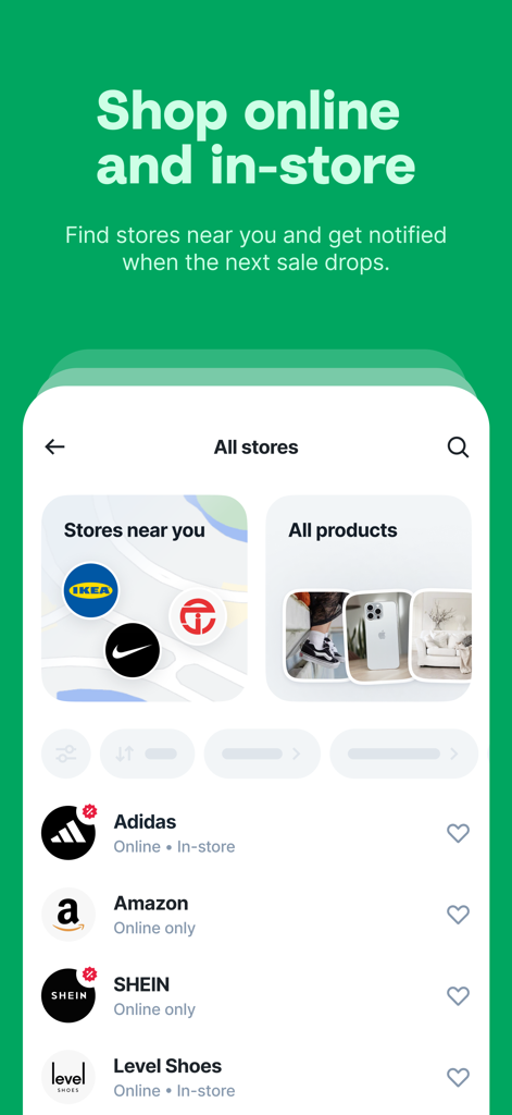 Tabby | Shop Now. Pay Later - Interfaccia dell'app Tabby che mostra un elenco di negozi partner come Adidas e Amazon con opzioni per acquisti online e in negozio