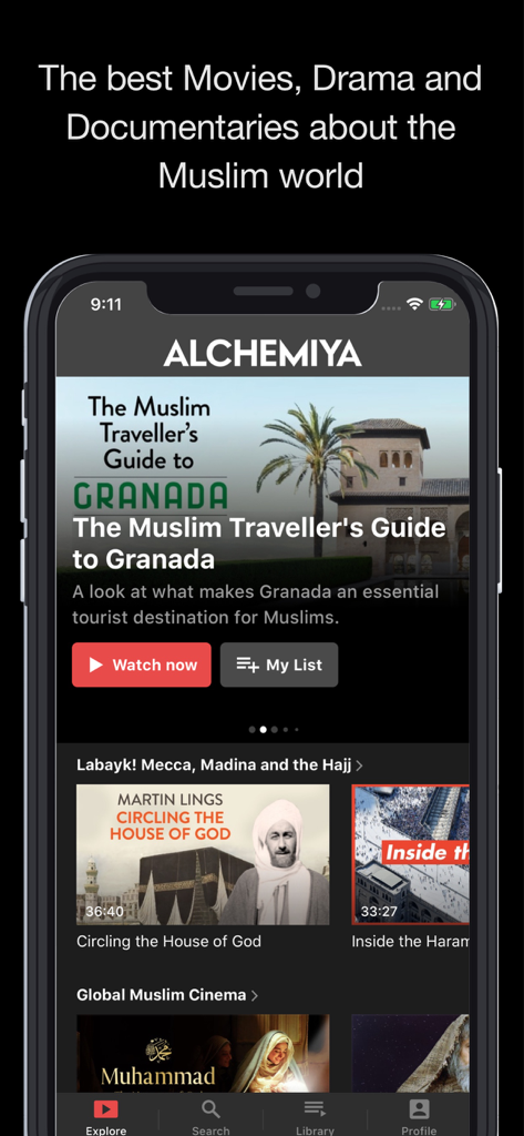 Alchemiya app home screen displaying documentaries and movies about Muslim culture and heritage