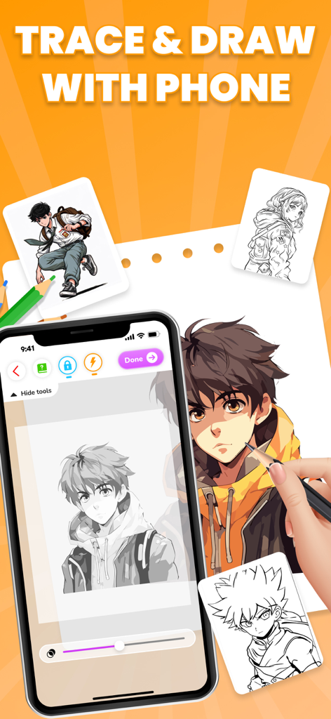 A person using a smartphone to trace an anime character sketch onto paper with AR technology