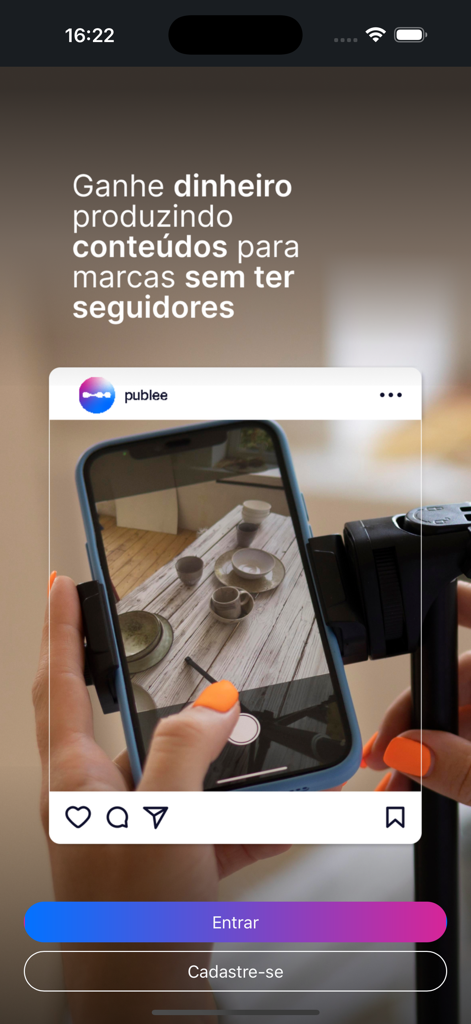 Pantalla de inicio de la aplicación móvil Minha Publi que muestra a una persona filmando contenido para marcas con un smartphone