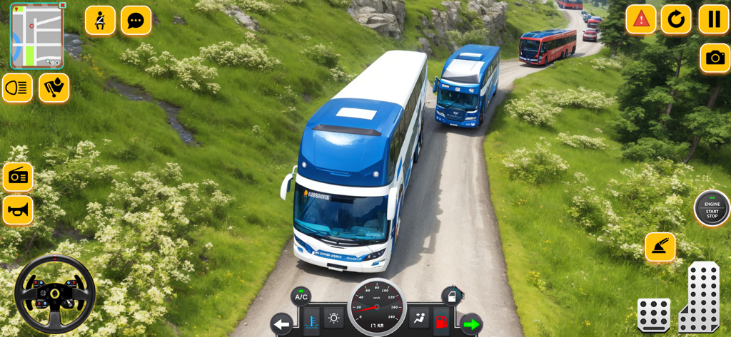Heavy Bus Driving Hill Station - A blue and white bus driving on a narrow mountain road in a simulation game with on screen driving controls