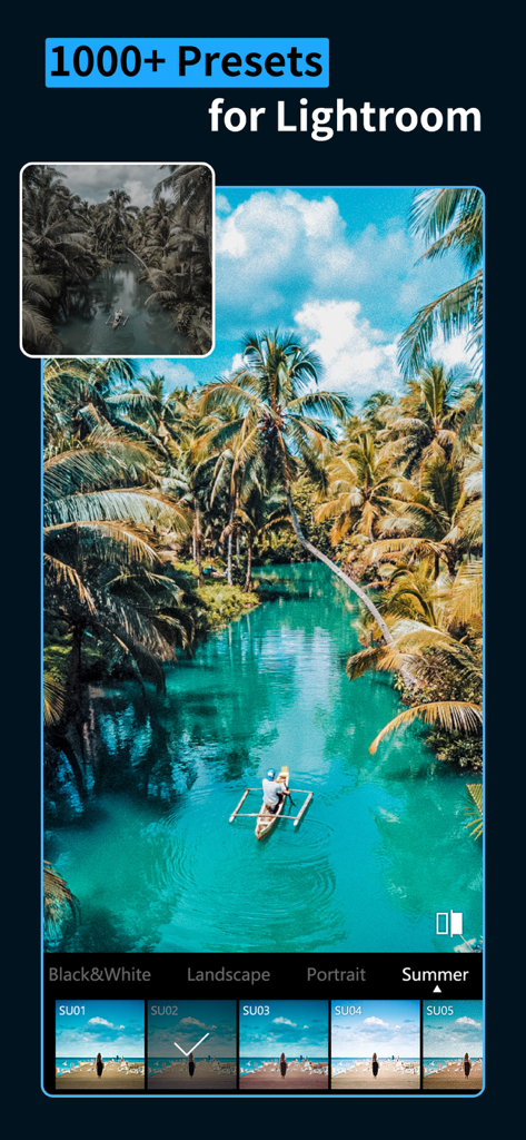 A mobile interface for Koloro showing summer presets applied to a tropical river landscape