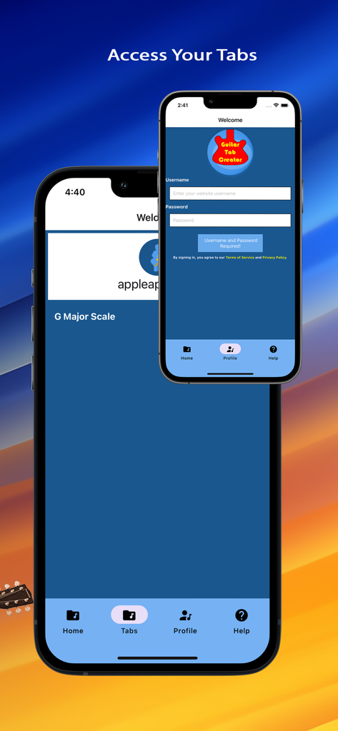 Guitar Tab Creator Player app showing the login screen and tab management list on an iPhone