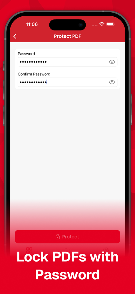 Interface of the app showing the password protection feature to secure PDF files with a personal lock.