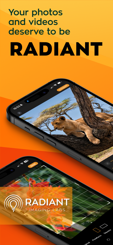 Radiant: AI Photo&Video Editor - Radiant AI photo and video editor interface showcasing professional photography enhancements on mobile devices