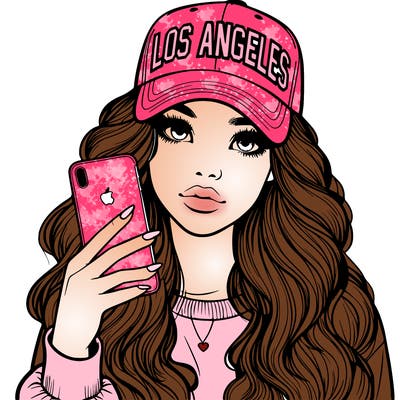 realistic beautiful girl wearing los ángeles cap holding an iphone