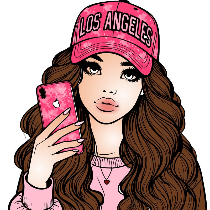 realistic beautiful girl wearing los ángeles cap holding an iphone