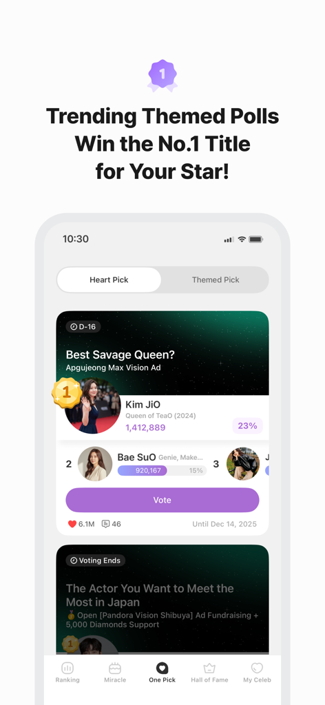 K-Actor Vote :CHOEAEDOL CELEB - Interface de l'application CHOEAEDOL CELEB présentant des sondages thématiques pour les acteurs de K-drama et un classement des votes
