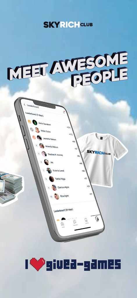 Skyrich Club - A smartphone screen showing the Skyrich Club leaderboard with user rankings and reward graphics