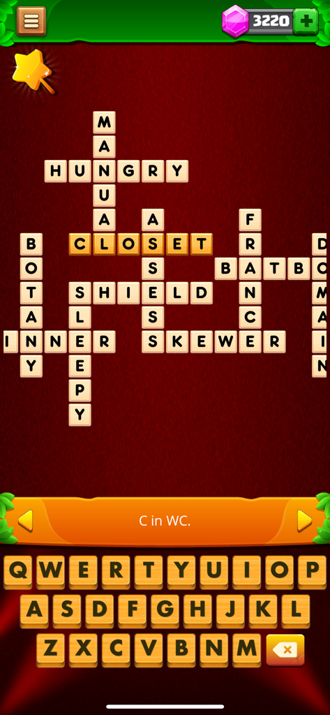 Crossword Master - Word Link - Gameplay screen of Crossword Master showing a crossword grid with wooden letter tiles on a red background and a keyboard below.