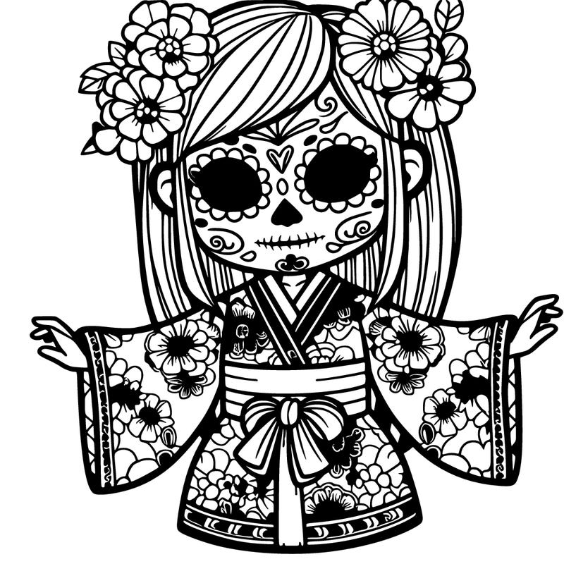 day of the dead girl wearing a kimono