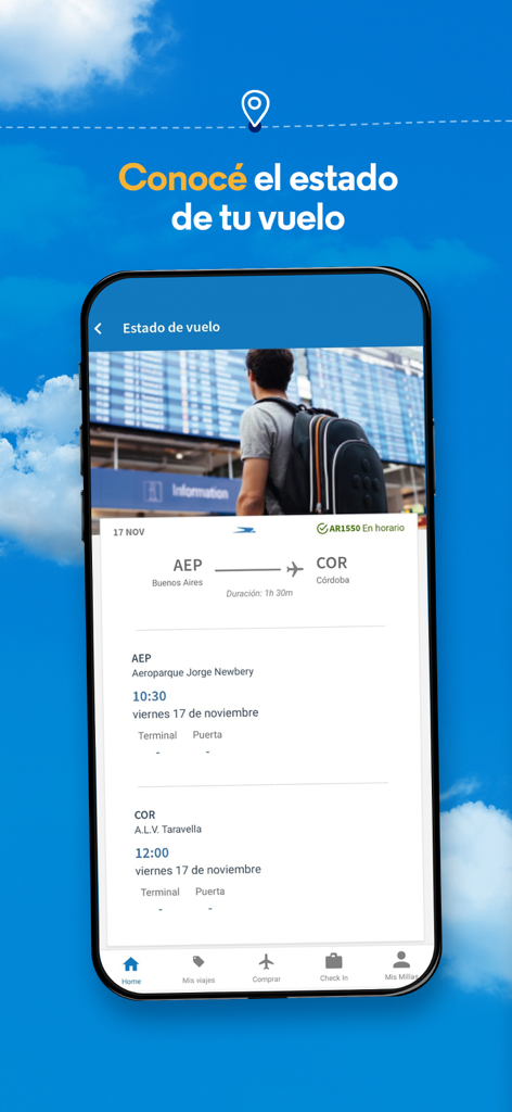 Interfaccia dell'app Aerolíneas Argentinas che mostra lo stato del volo in tempo reale e i dettagli dell'itinerario per un viaggio da Buenos Aires a Cordoba