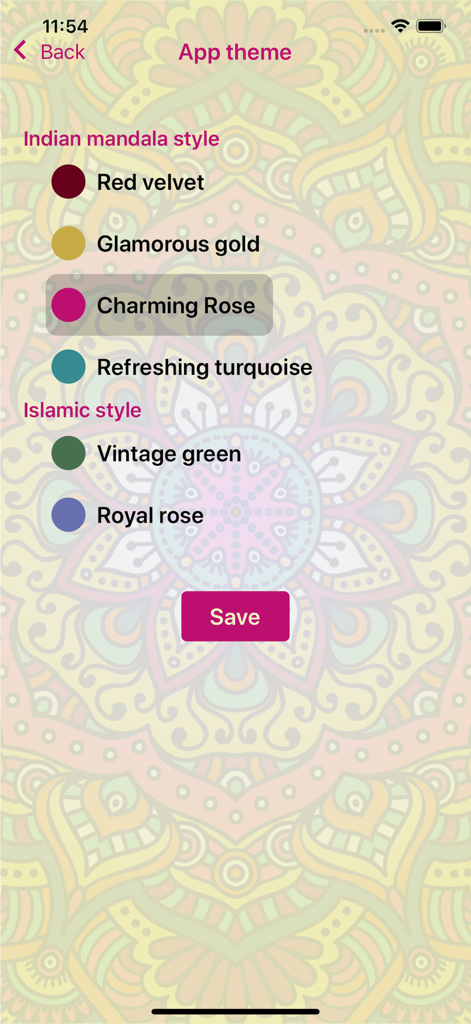 Theme selection screen in the iQra Pro For Schools app featuring Indian mandala and Islamic style color options