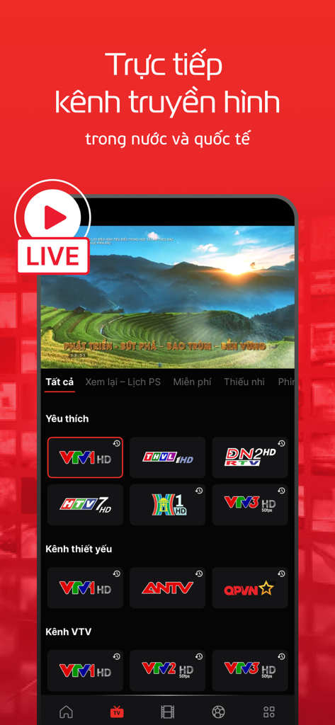 TV360 – Truyền hình trực tuyến - TV360 App-Oberfläche, die ein Raster von Live-vietnamesischen TV-Kanälen anzeigt, einschließlich VTV1 HD und HTV7 HD.