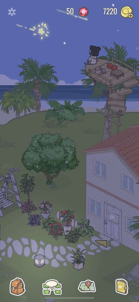 Tuana - A character sitting on a tall wooden tower watching a shooting star in a decorated yard at night.