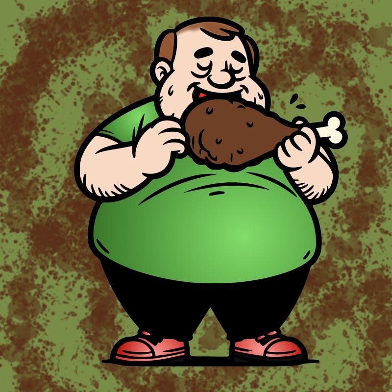 fat man eating chicken legs
