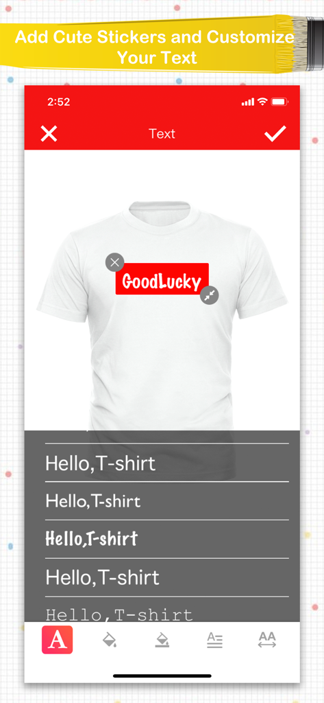Super T-Shirt Designer - Mobile app interface showing font styles and text customization for a white t-shirt design