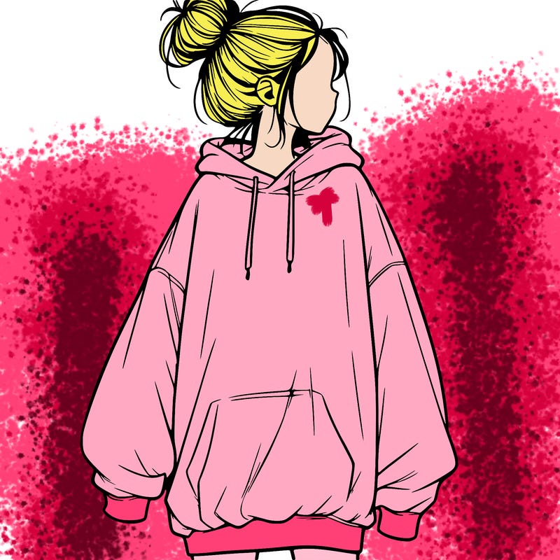 realistic girl with a oversized sweatshirt on and a bun