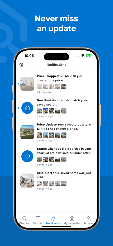 view.com.au - Smartphone displaying the notifications screen of the view.com.au real estate app with alerts for price updates and new rentals.