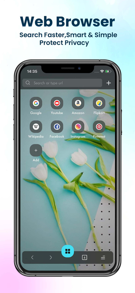 Tela inicial do aplicativo Browser Pro mostrando a barra de pesquisa e atalhos de sites