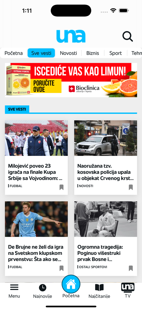 UNA TV - Feed de notícias do aplicativo móvel UNA TV com artigos de notícias e esportes dos Bálcãs