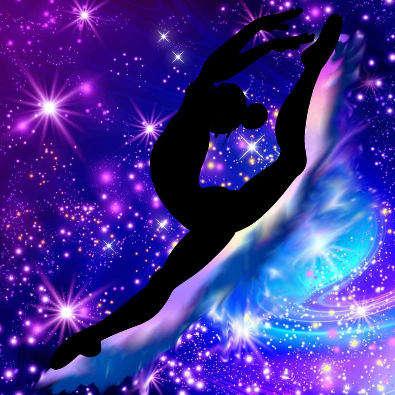 gymnast doing a leap in a leotard with a bent back leg