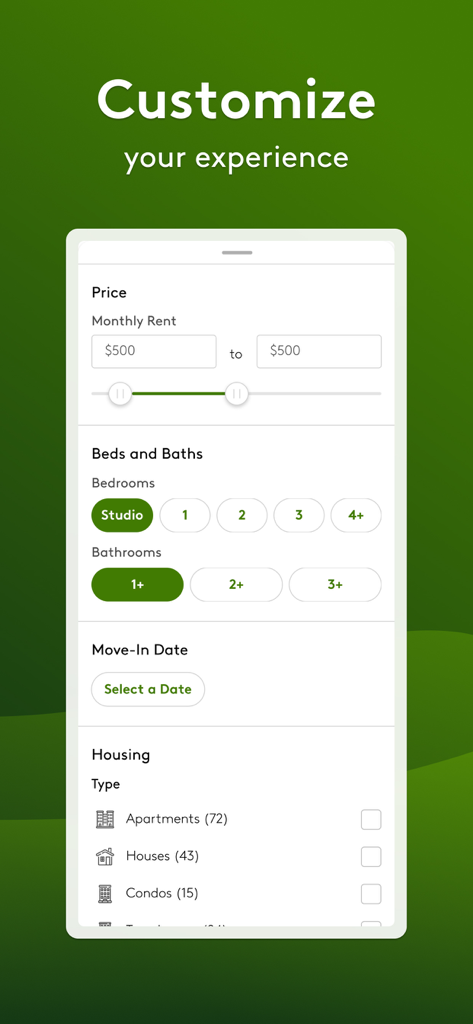 Apartments.com Rental Finder - Pantalla de personalización de búsqueda de alquiler que muestra filtros de rango de precios, habitaciones y baños en la aplicación Apartments.com
