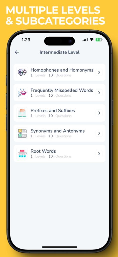 Spelling Bee Spelling Better - Mobile app screen showing intermediate spelling categories like root words and homonyms.