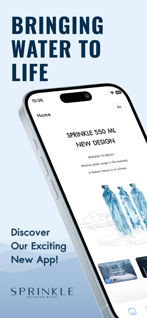 Interface do aplicativo de entrega de água Sprinkle no iPhone exibindo novos designs de garrafas sustentáveis e uma mensagem de boas-vindas.