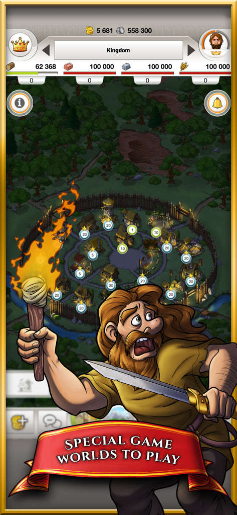 A screenshot of the Travian Kingdoms mobile game showing a circular village layout and a warrior character holding a torch and sword