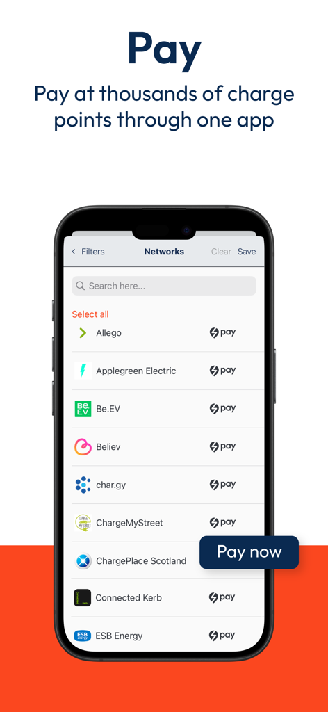 Zapmap app screen listing multiple EV charging networks with integrated payment functionality