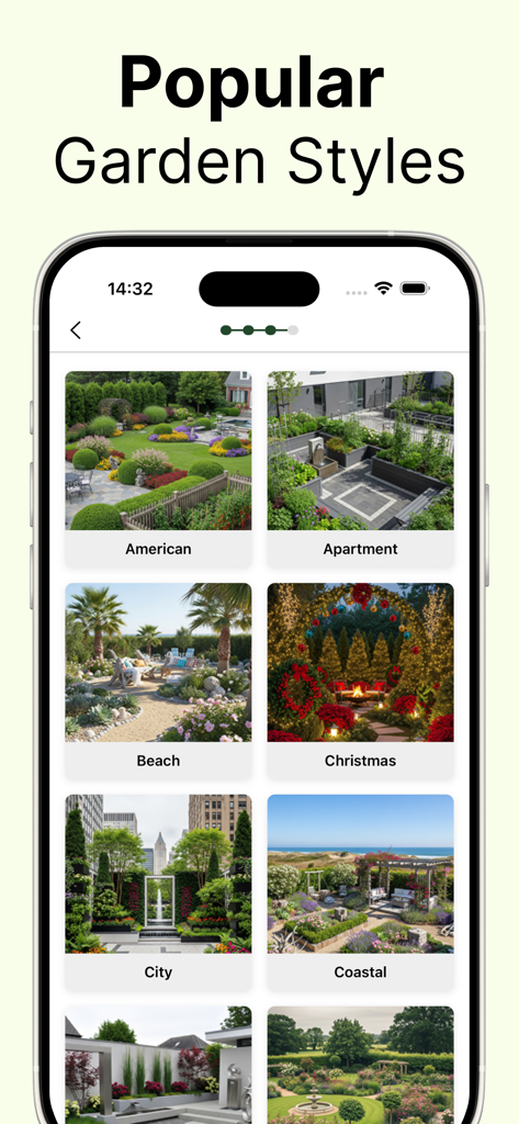 Landscape AI: Garden Designer - A mobile app screen showing popular garden styles including American and Coastal designs