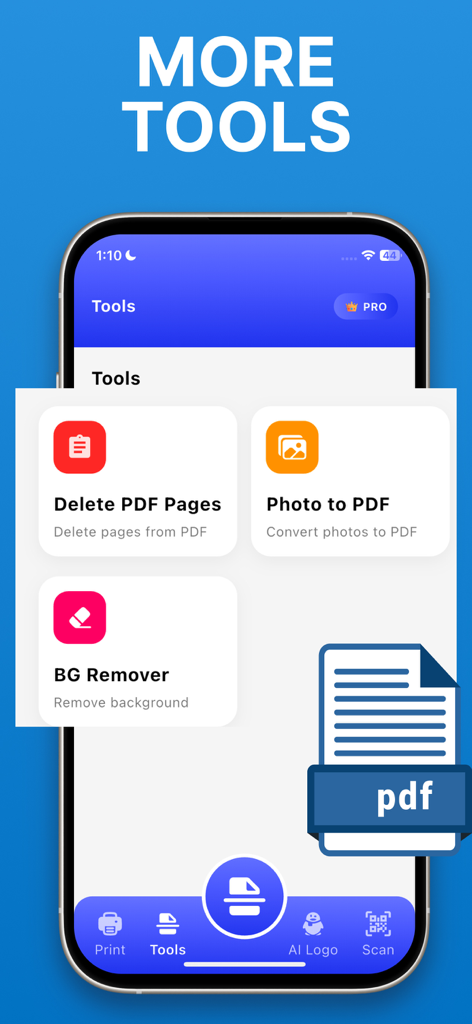 Smart Printer App for HP Smart - 印刷用のPDF編集および背景削除ツールを示すモバイルアプリのインターフェイス